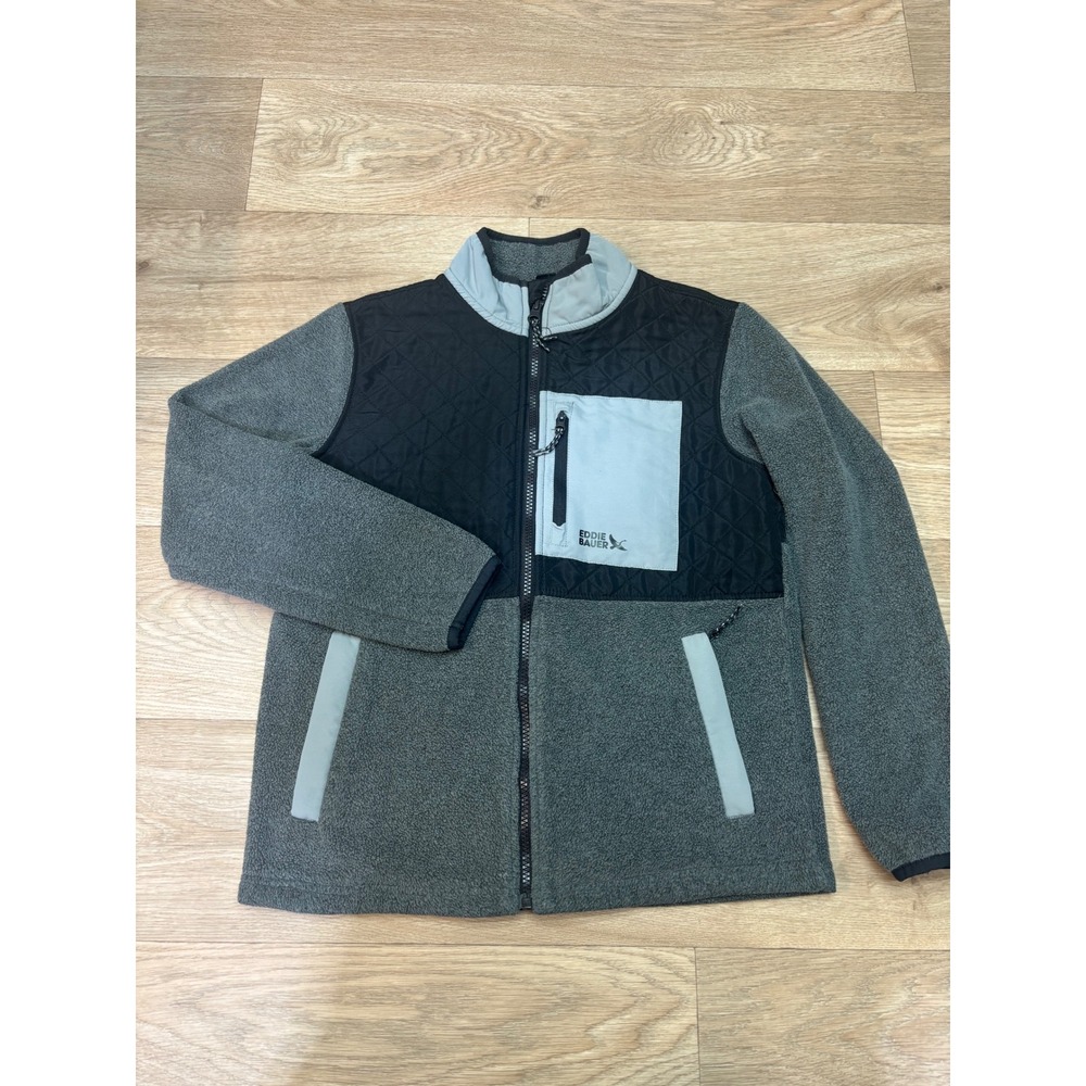 Eddie Bauer Kids Grey Black Fleece Full Zip Quilted Yoke Jacket Size L 10/12